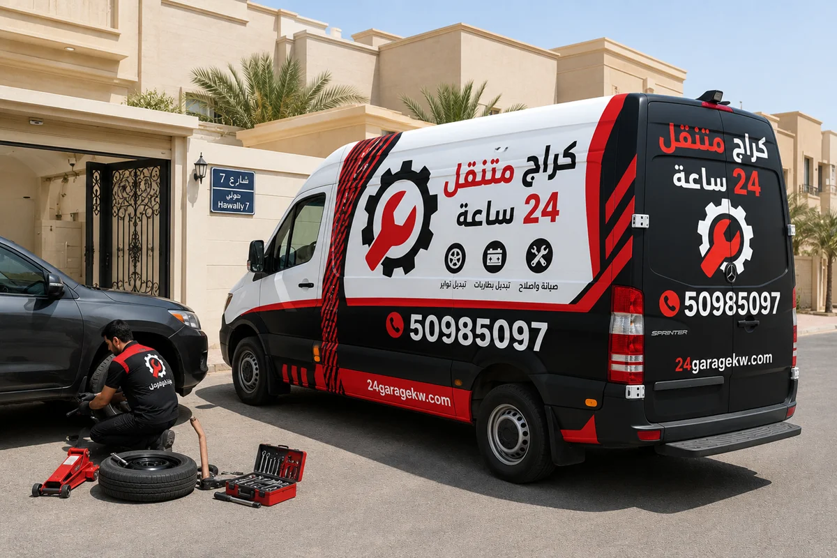 كراج متنقل خدمة 24 ساعة في الكويت: بنشر متنقل، تبديل تواير، تبديل بطاريات، كهربائي سيارات، فني تكييف سيارات، تظليل سيارات، اشتراك بطارية، تعبئة بنزين متنقل، ميجر سيرفس